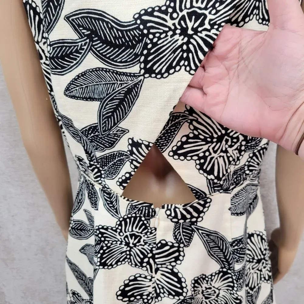 J Crew Women Sleeveless Polynesian Floral Print Dress Ivory Black A-Line Cotton